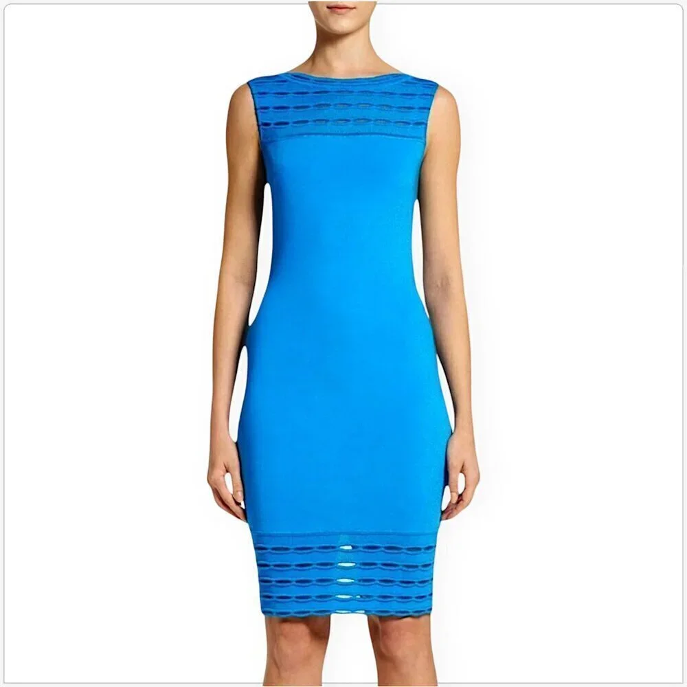 St. John Cyan Blue Makena Knit Sleeveless Sheath Pointelle Trim Dress NWT New 8